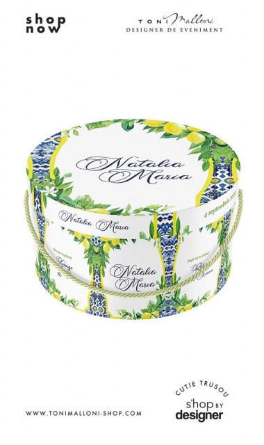 Cutie trusou botez rotunda de inspiratie mediteraneana cu lamai si frunze verzi 1
